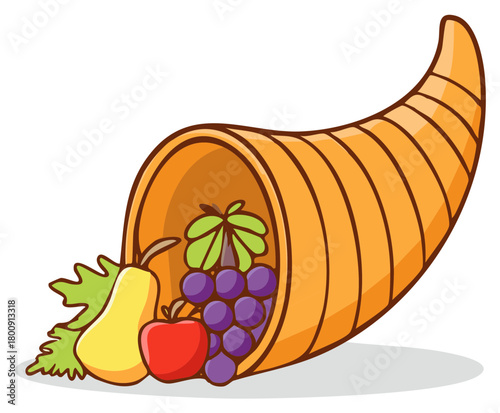 Vibrant Cornucopia Horn of Plenty Overflowing with Grapes, Apple, Pear, and Autumn Leaves
