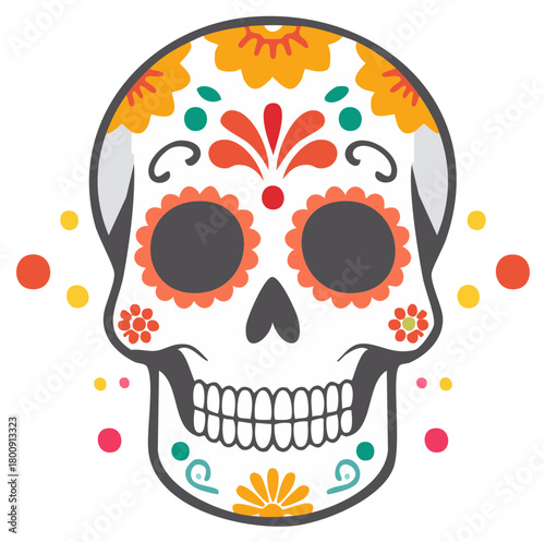 Day of the Dead Skull with Floral Accents, Colorful Traditional Dia de los Muertos Decoration, White Background