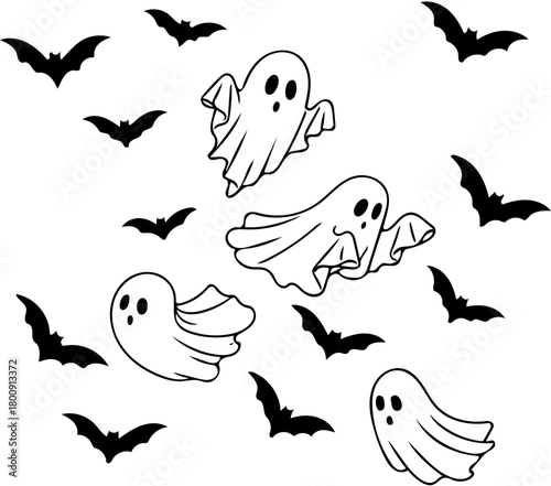 A playful and spooky Halloween scene featuring a group of cute cartoon ghosts and a swarm of flying bats in a simple black and white design