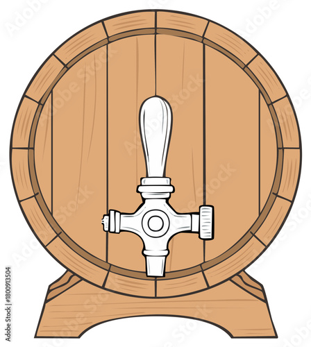Illustration of a Wooden Barrel with Spigot for Beer or Other Beverage on a Stand