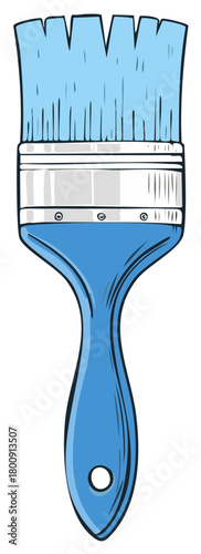 Illustration of a blue paint brush with a plastic handle and synthetic bristles for painting walls or canvas artwork