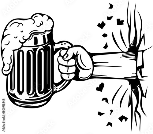 A hand breaking through a wall to hold a frothy mug of beer, symbolizing a breakthrough or celebration