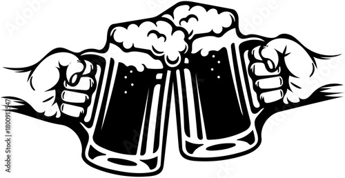 A classic black and white vector illustration of two hands clinking frothy beer mugs in a celebratory toast, symbolizing friendship and good times