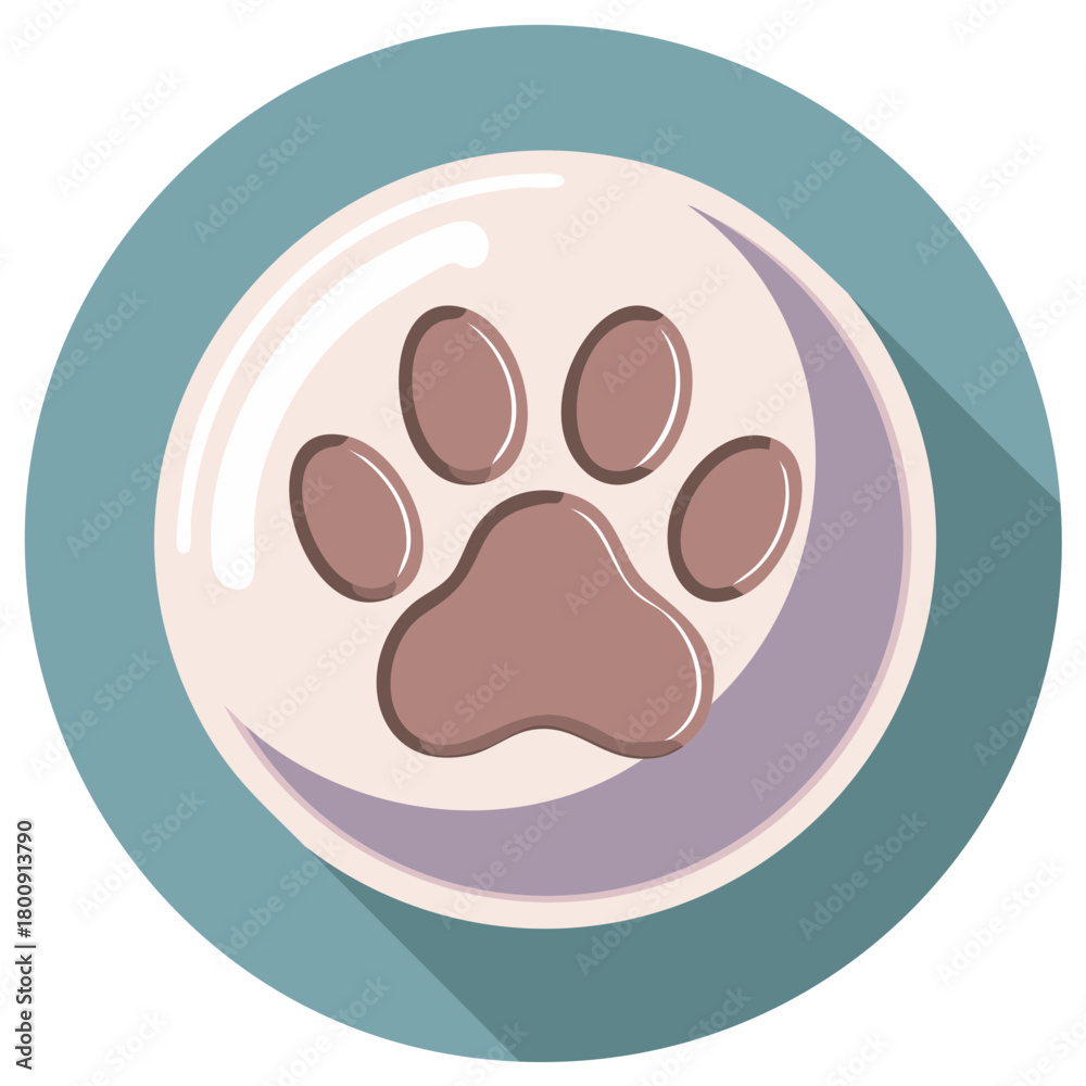 Fototapeta premium Flat design paw print on a bowl with shadow, pet care icon