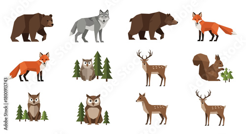 Charming geometric forest animals collection featuring bears, foxes, wolves, deer, owls, and squirrels in a stylized natural setting