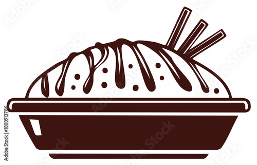 Illustration of a sweet dessert in a dish with chocolate-like drizzle and decorative sticks