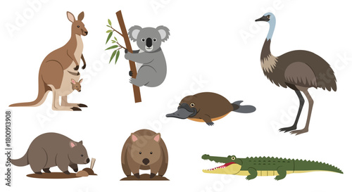 Charming collection of iconic Australian animals including kangaroo, koala, platypus, emu, wombat, and crocodile presented in a friendly, illustrative style.
