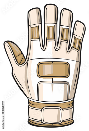Stylized illustration of a protective baseball glove in beige and white with black outlines