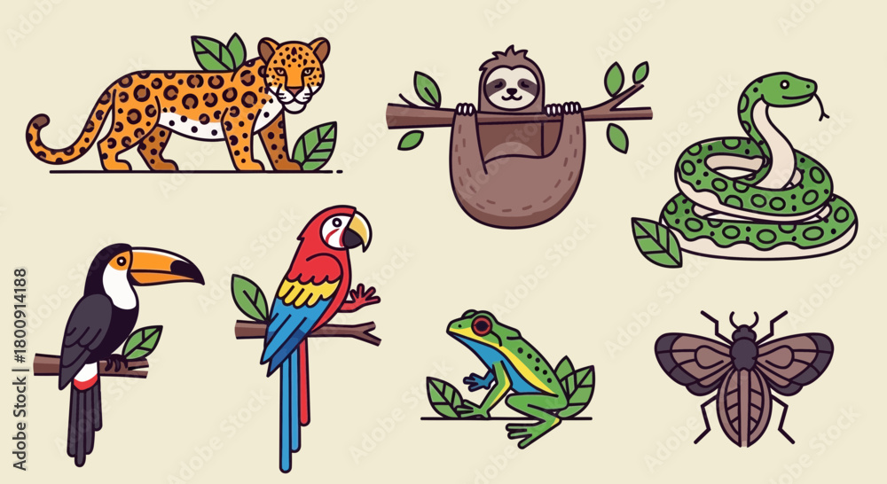 Fototapeta premium Vibrant jungle animals collection featuring jaguar, sloth, snake, toucan, parrot, frog, and butterfly for educational and design projects