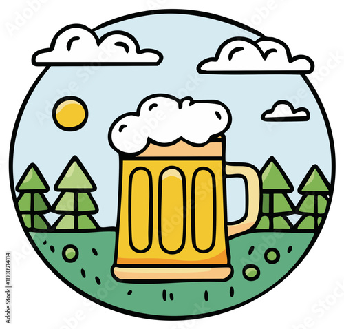 Festive Beer Mug in Nature Illustration Vector for Celebrations and Outdoor Events