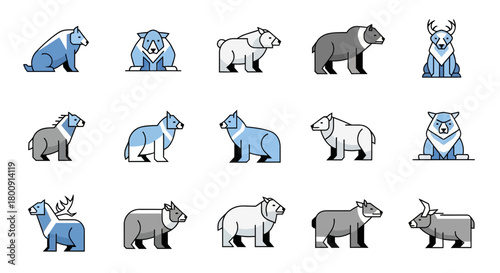 Collection of stylized arctic animals featuring wolves, bears, and reindeer in a modern, clean icon style, perfect for nature and wildlife themes.