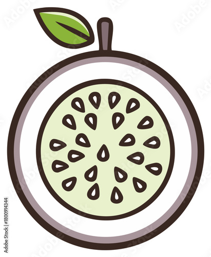 Passion fruit illustration with pulp and seeds, whole cross section with green leaf, freshness and tropical fruit icon.