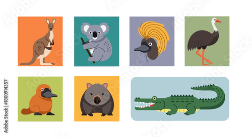 Charming collection of Australian wildlife illustrations featuring kangaroo, koala, platypus, wombat, emu, and crocodile in vibrant, modern style