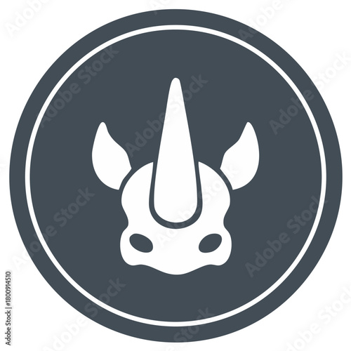 Stylized rhino head icon with a single horn and large ears within a dark circular frame