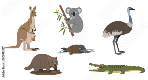 Charming Australian wildlife collection featuring kangaroo, koala, emu, platypus, wombat, and crocodile for educational and fun designs.