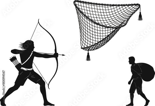 Ancient hunter archer aiming with bow and arrow, man carrying net and sack, traditional hunting scene silhouette, vintage tribal survival concept illustration