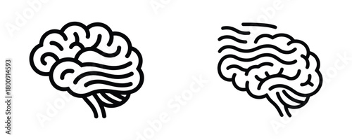 Two stylized black and white line drawings of human brains facing opposite directions against a white background