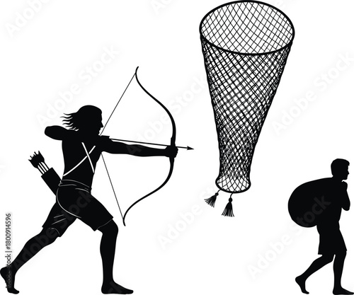Ancient tribal hunter aiming arrow with bow, man carrying sack under hanging hunting net, traditional survival and primitive weapon silhouette illustration