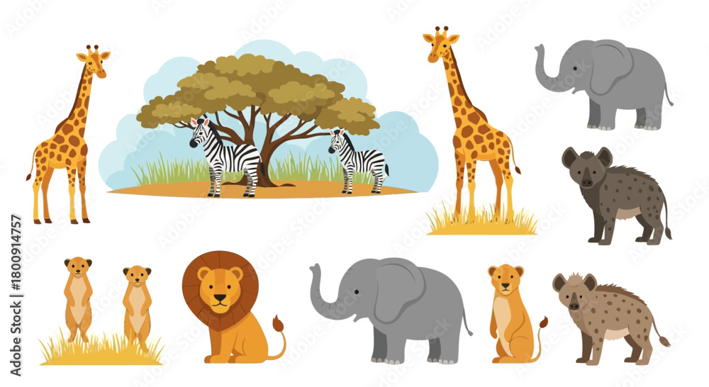 Fototapeta premium Vibrant African safari animals including lions elephants giraffes zebras and hyenas roaming savanna under acacia tree illustration