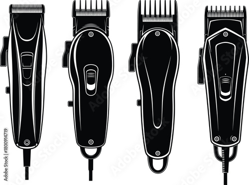 Barber clipper vector illustration set, electric hair trimmer tools collection, professional grooming equipment for haircut and beard styling, black silhouette icons
