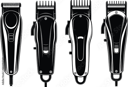 Barber clipper vector set, professional electric trimmer collection, hair cutting tools for grooming and salon, detailed black silhouette illustration for design use