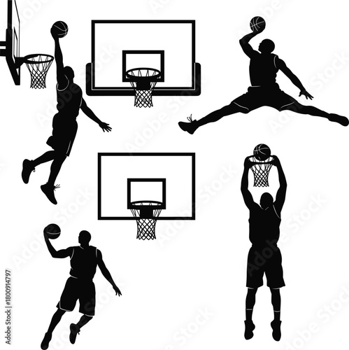 Basketball player silhouette vector illustration, athlete dunking ball, dynamic sports motion art, black and white design showing energy, strength, competition, and teamwork spirit