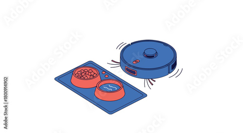 Robot vacuum cleaning around pet food and water bowls on a blue mat, making pet care easier and homes cleaner with modern technology