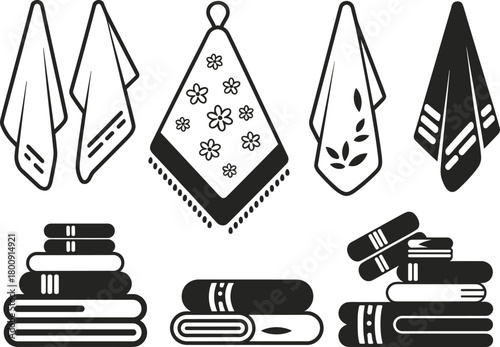 Bathroom towels collection, folded and hanging towel vector illustration, clean textile fabric design for spa, hotel, hygiene, laundry, and home decor