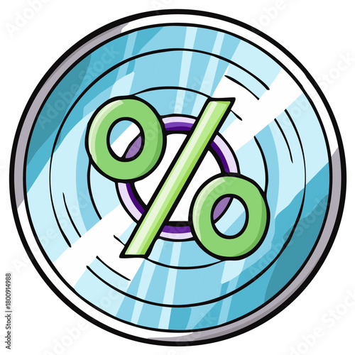 Stylized green percentage symbol graphic on a blue background with a metallic border