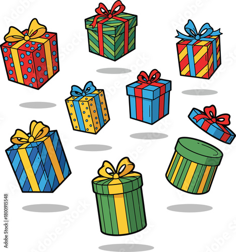 A vibrant collection of nine cartoonstyle gift boxes with colorful wrapping paper festive bows and various patterns.