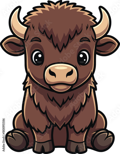 Adorable baby bison cartoon character sitting with shaggy brown fur small horns and big expressive eyes.