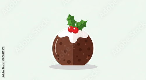Festive christmas pudding vector graphic design with holly berries and cream for holiday season celebration