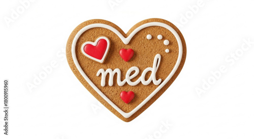 Heart shaped gingerbread cookie with white icing and red hearts for valentine's day or love celebration