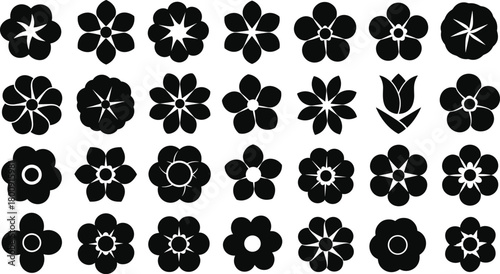 Set of floral icons, black flower silhouette vector collection, decorative blossom shapes, botanical graphic design elements for logo, pattern, craft, illustration use