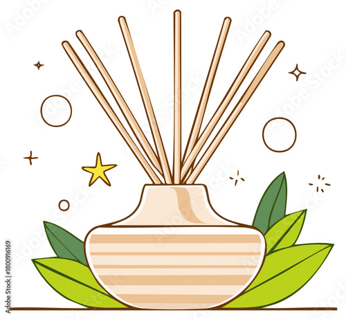 Aesthetic home fragrance diffuser with wooden reeds and green leaves a symbol of relaxation and aromatherapy