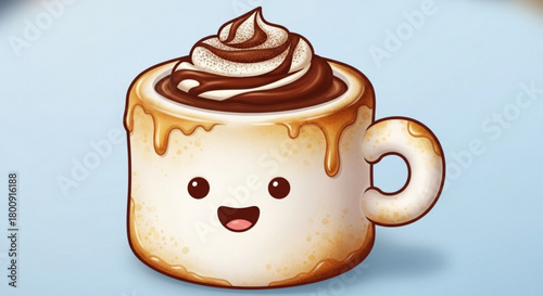 Cute kawaii coffee cup with chocolate and caramel topping vector illustration for cafe and dessert shop