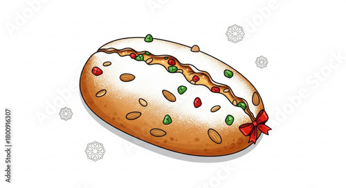 Delicious christmas stollen cake illustration with marzipan fruits and powdered sugar for holiday season