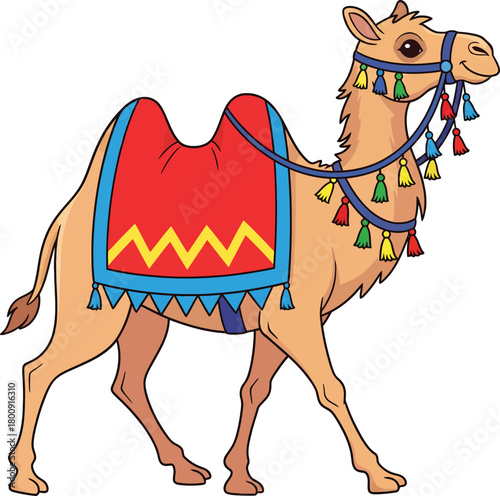 Cartoon Dromedary Camel with a Colorful Red Saddle and Festive Tasseled Harness.