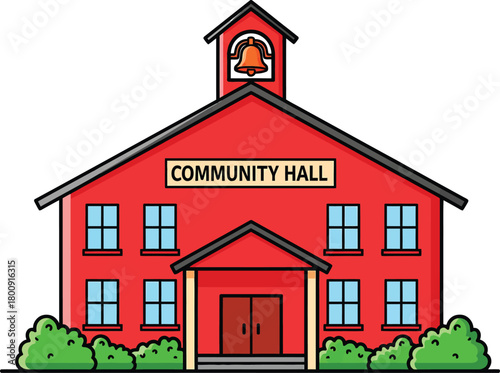 Cartoon illustration of a red twostory community hall with a bell tower.