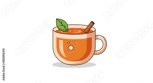 Cozy cup of herbal tea illustration with cinnamon stick and leaf for relaxation and wellness concept