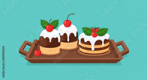 Delicious cake dessert with cherry topping vector illustration for bakery shop and cafe menu design asset