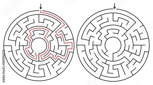 Round Maze Game for Kids and Adults - Simple and Easy Circular Maze Game Flat Vector Black and White Outline Illustration - Problem Solving Game kdp.