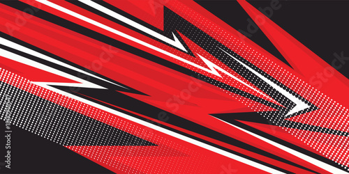 Dynamic red and black abstract background with sharp diagonal lines and halftone dots pattern. Modern sporty design suitable for banners, posters, racing themes, and energetic digital presentations.