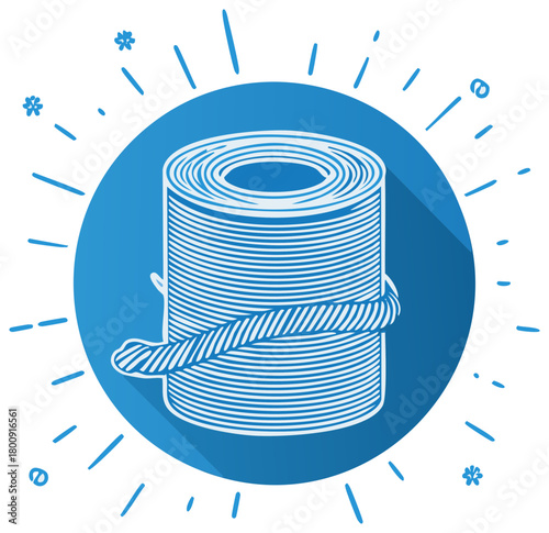 Illustration of a spool of thread with string wrapped around it in blue color and white outline