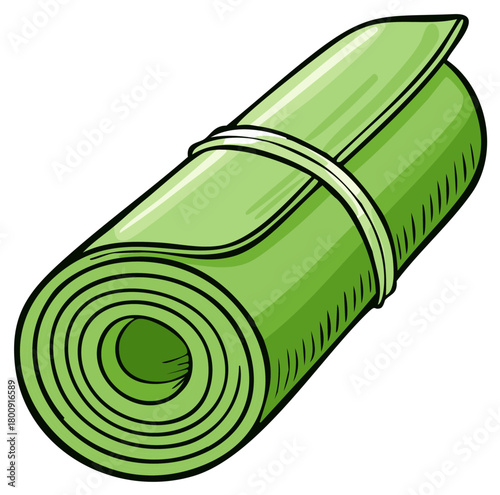 Rolled green yoga mat illustration with a white strap for exercising. Healthy lifestyle concept.