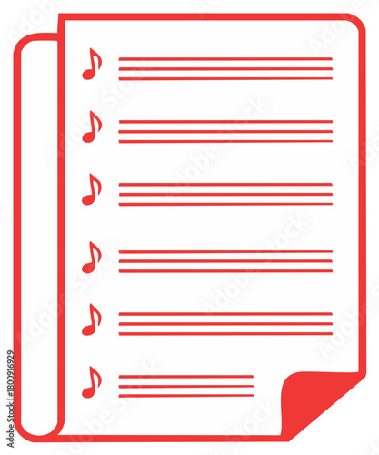Red sheet music notebook ready for composing melody and writing musical notes on white background