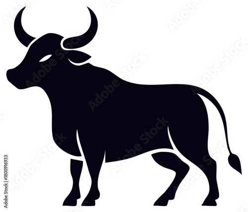 Powerful horned bull silhouette graphic standing in profile for strength concepts