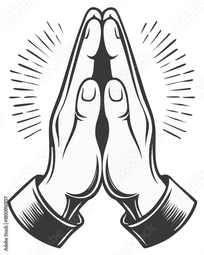 Vintage monochrome illustration of praying hands with light rays