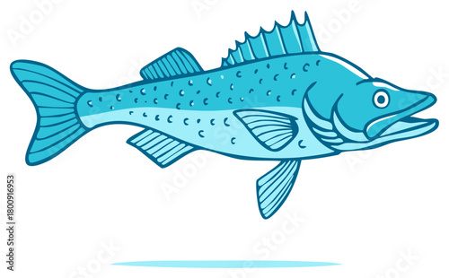 Stylized cartoon illustration of a blue fish swimming with an open mouth and distinct fins and scales