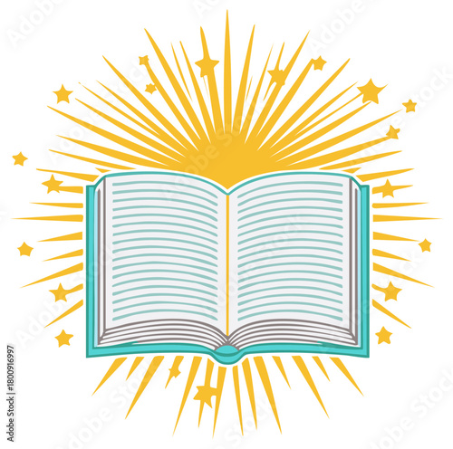 Open Book With Bright Yellow Sunburst and Stars